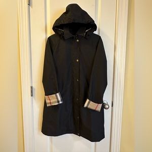 Burberry raincoat with removable wool insert and removable hood.